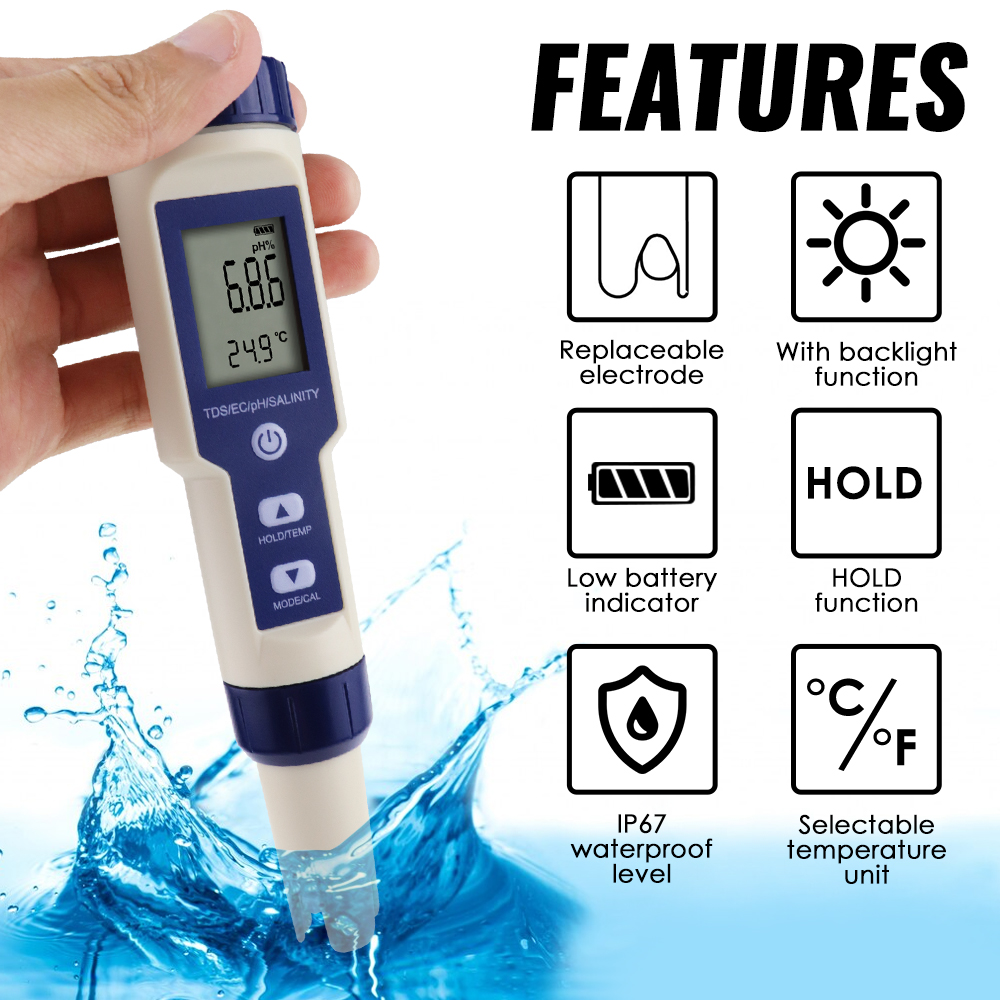 Medidor de salinidad 5 en 1 PH - Ph Meter Digital Water Tester reseña y precio